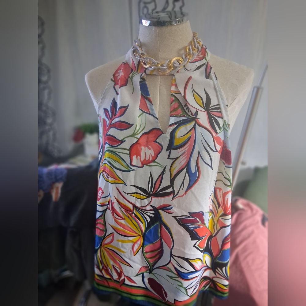 Avenue Floral Halter Tank Top in White with Multicolor Print